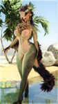 anthro areola beach big_breasts breasts brown_eyes chest_tuft day eyelashes feather_hair feathers female fluffy fluffy_tail green_body green_scales heart_symbol navel nipples non-mammal_breasts non-mammal_navel non-mammal_nipples nude nude_anthro nude_female outdoor_nudity partially_submerged pink_areola pink_nipples pseudo_hair rock sand scales sky smile solo tail tail_feathers tuft walking water wide_hips springycharna furromantic_(modeler) capcom monster_hunter bird_wyvern seikret 3d_(artwork) absurd_res digital_media_(artwork) hi_res