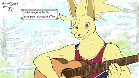 5_fingers acoustic_guitar black_clothing black_nose black_shirt black_tank_top black_topwear blonde_hair brown_pawpads claws clothing dessert dialogue ear_piercing ear_ring electronics fingers food forehead_gem fur gem grey_body grey_fur grin guitar hair ice_cream microphone music musical_instrument pawpads piercing pink_clothing pink_shirt pink_topwear plant plucked_string_instrument purple_body purple_fur question_mark red_clothing red_eyes red_shirt red_tank_top red_topwear ring_piercing shirt smile sound_effects string_instrument tan_body tan_fur tank_top text text_box topwear tree white_claws yellow_body yellow_fur dahecksajerry nintendo pokemon cash_(dahecksajerry) dl_wolf_(dl2288) jarrod_(dahecksajerry) tredain canid canine canis floatzel fox generation_1_pokemon generation_3_pokemon generation_4_pokemon mammal ninetales persian_(pokemon) pokemon_(species) spheal wolf 16:9 2026 2d_animation animated english_text hi_res short_playtime sound video widescreen