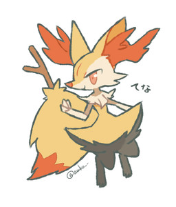3_fingers 3_toes ambiguous_anthro ambiguous_gender anthro arm_tuft big_tail biped black_body black_fur cheek_tuft chest_tuft closed_smile digitigrade dipstick_tail facial_tuft feet fingers fluffy fluffy_tail front_view fur hip_tuft inner_ear_fluff looking_at_viewer markings mouth_closed multicolored_body multicolored_fur nude_ambiguous nude_anthro object_in_tail orange_body orange_eyes orange_fur orange_inner_ear_fluff orange_tail_tip pointy_ears prick_ears shoulder_tuft simple_background smile snout solo stick stick_in_tail tail tail_markings text toes tuft twitter_handle two_tone_tail white_background white_body white_fur yellow_body yellow_fur yellow_tail auko nintendo pokemon braixen canid generation_6_pokemon mammal pokemon_(species) 2016 colored digital_drawing_(artwork) digital_media_(artwork) flat_colors full-length_portrait japanese_text portrait signature translated