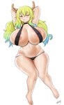 areola areola_slip big_breasts bikini black_clothing blue_hair blush bra breasts cleavage clothed clothing female green_eyes green_hair hair hands_behind_head horn huge_breasts long_hair multicolored_hair navel not_furry one_eye_closed panties simple_background smile solo swimwear tongue tongue_out two-piece_swimsuit two_tone_hair underwear white_background wide_hips gray_impact miss_kobayashi's_dragon_maid quetzalcoatl_(dragon_maid) horned_humanoid humanoid absurd_res hi_res