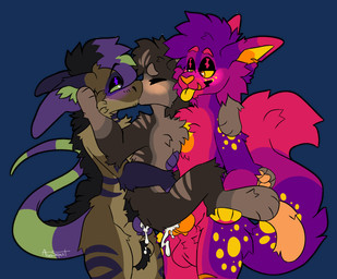 ambiguous_penetration andromorph anthro blep blush bodily_fluids brown_body brown_fur cum cum_inside double_penetration fur genital_fluids genitals group group_sex hair intersex intersex/male kissing knot legs_around_partner male markings orange_eyes orange_pawpads orange_penis orange_tail pawpads penetration penis purple_body purple_eyes purple_fur purple_hair purple_penis sandwich_position sex striped_markings striped_tail stripes tail tail_markings tongue tongue_out trio atlasserpent atlas_(atlasserpent) kali_delane zane_(atlasserpent) alien domestic_cat felid feline felis maine_coon mammal alpha_channel hi_res