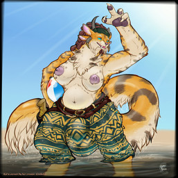 4_ears 4_horns anthro areola big_breasts big_bulge biped black_body black_fur bottomwear breasts brown_hair bulge clothed clothing dreadlocks fur gynomorph gynomorph_anthro hair horn huge_bulge intersex intersex_anthro markings multi_ear multi_horn multicolored_body multicolored_fur nipples orange_body orange_fur oversized_bottomwear oversized_clothing oversized_pants pants partially_submerged pink_areola pink_nipples pregnant pregnant_anthro pregnant_gynomorph pregnant_intersex solo spots spotted_body spotted_fur striped_body striped_fur stripes text topless topless_anthro topless_gynomorph topless_intersex wet wet_body wet_clothing wet_fur nikkyvix guild_wars charr felid mammal 2026 digital_media_(artwork) english_text hi_res