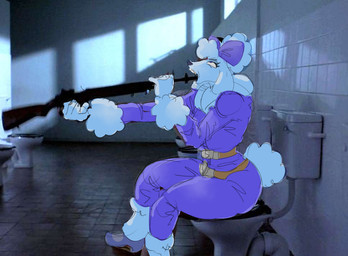 anthro bathroom bow_ribbon clothed clothing female fully_clothed fur gun gun_in_mouth looking_up m14 movie_reference object_in_mouth purple_clothing ranged_weapon rifle scenery screencap screencap_background shitpost sitting slim solo suicidal suicidal_ideation suicide_attempt thick_thighs toilet weapon weapon_in_mouth white_body white_fur yanisp5 epic_games fortnite full_metal_jacket lady_poodlina canid canine canis domestic_dog mammal poodle meme