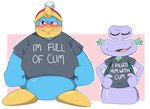 angry anthro blue_body blue_feathers blush clothing duo embarrassed feathers hat headgear headwear humor male male/male novelty_clothing purple_body suggestive_shirt suggestive_topwear text st637 i'm_full_of_cum kirby_(series) nintendo escargoon king_dedede avian bird gastropod mollusk penguin snail english_text hi_res