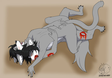 anthro bite black_hair black_nose blood bodily_fluids duo female female_penetrated fur gore grey_body grey_fur hair male male/female male_penetrating male_penetrating_female nude open_mouth penetration penile penile_penetration penis_in_vagina pink_nose sex vaginal vaginal_penetration white_body white_fur allartskye evelyne_(allartskye) skye_(allartskye) canid canine canis domestic_cat felid feline felis mammal wolf hi_res