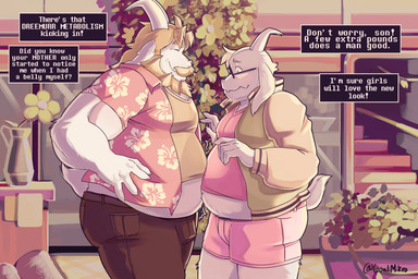 5_fingers anthro beard belly belly_peeking_out black_bottomwear black_clothing black_shorts blonde_beard blonde_eyebrows blonde_facial_hair blonde_hair blonde_mustache bottomwear clothed clothing detailed_background duo exposed_belly eyebrows eyes_closed eyewear facial_hair fingers flower fully_clothed fur glasses green_clothing green_shirt green_topwear hair horn hotpants jacket letterman_jacket long_ears looking_at_another male moobs musclegut muscular mustache obese obese_anthro obese_male overweight overweight_anthro overweight_male pink_bottomwear pink_clothing pink_shirt pink_shorts pink_topwear pitcher plant shirt shorts smile stairs text text_box topwear white_body white_fur yellow_flower mikrogoat deltarune undertale undertale_(series) asgore_dreemurr asriel_dreemurr boss_monster_(undertale) bovid caprine mammal 3:2 english_text hi_res source_request unavailable_at_source