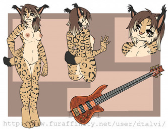 anthro bass_guitar breasts female genitals guitar musical_instrument nipples nude plucked_string_instrument smile solo standing string_instrument vulva dtalvi felid feline lynx mammal flat_colors model_sheet