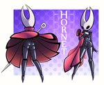 2_horns 5_fingers anthro biped black_body black_eyes butt cloak clothed clothing female fingers flat_chested front_view genitals holding_clothing holding_melee_weapon holding_object holding_weapon horn melee_weapon name_drop nude pose pussy rear_view red_cloak red_clothing solo standing text weapon white_head white_text wind_lift jellli hollow_knight team_cherry hornet_(hollow_knight) arthropod 2025 english_text hi_res multiple_images pinup