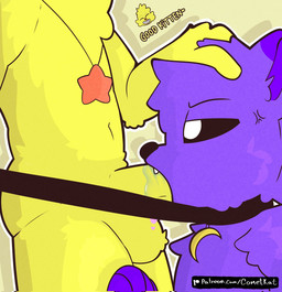 anthro balls bodily_fluids collar cross-popping_vein duo fellatio fluffy genitals hand_on_head heart_symbol male male/male male_penetrating moon navel oral penetration penile penis pet_praise praise purple_body saliva sex simple_background single_tooth star yellow_body yellow_penis alexboom11 comet_kat mob_entertainment poppy_playtime smiling_critters catnap_(poppy_playtime) kickinchicken avian bird chicken felid feline galliform mammal phasianid 2026 hi_res shaded simple_shading