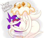 ambiguous_gender anthro areola birthday blush blush_lines breasts brown_text butt claws clenched_teeth exclamation_point female female/ambiguous finger_claws gem gem_eyes hug lips nipples open_mouth open_smile pseudo_hair purple_body smile teeth tentacles text tongue translucent translucent_body white_body latiar nintendo pokemon sableye_(xenomata) cnidarian generation_3_pokemon generation_7_pokemon humanoid jellyfish marine medusozoan nihilego pokemon_(species) sableye ultra_beast 2023 digital_media_(artwork) hi_res