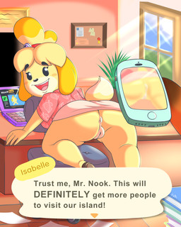 aloha_shirt anthro anus bell black_nose blonde_hair breasts butt chair clothed clothing computer day detailed_background dialogue diploma electronics female footwear furniture genitals hair header header_box inside laptop looking_at_viewer name_drop no_underwear office_chair pattern_clothing pattern_shirt pattern_topwear phone presenting presenting_hindquarters shirt shoes smile solo text text_header topwear vulva window teenagebratwurst animal_crossing nintendo isabelle_(animal_crossing) canid canine canis domestic_dog mammal 2020 4:5 absurd_res english_text hi_res