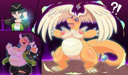 accidental_transformation anthro areola belly belly_expansion big_breasts biped blush breast_growth breasts claws clothed clothing cute_fangs expansion fangs female front_view fully_clothed gender_transformation growth hat head_wings headgear headwear horn human_to_anthro interrobang jacket key_stone_(pokemon) long_tail male mtf_transformation nipples nude nude_female orange_body orange_scales overweight overweight_anthro overweight_female red_areola red_nipples scales snout snout_growth solo species_transformation standing tail teeth thick_tail three_frame_sequence topwear torn_clothing transformation transformation_sequence unusual_wing_placement weight_gain wing_growth wings flybeeth mythology nintendo pokemon pokemon_legends_z-a paxton_(pokemon) dragon generation_9_pokemon human mammal mega_dragonite mega_evolution mythological_creature mythological_scalie pokemon_(species) scalie hi_res