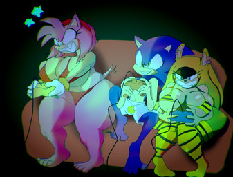 angry animal_print anthro big_breasts blue_body blue_fur bottomwear bra breasts clenched_teeth clothed clothing controller feet female fur furniture game_controller green_body green_fur group huge_breasts legwear male pink_body pink_fur sharp_teeth shorts sofa tan_body tan_skin teeth thigh_highs tiger_print topless topless_male trio underwear nellycakezilla idw_publishing sega sonic_the_hedgehog_(comics) sonic_the_hedgehog_(idw) sonic_the_hedgehog_(series) amy_rose sonic_the_hedgehog surge_the_tenrec afrosoricid eulipotyphlan hedgehog mammal tenrec