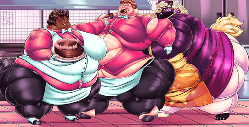 anthro belly bicolored_fur big_belly big_breasts black_nose blonde_hair breasts brown_hair cake candy chef chef_hat chef_uniform chocolate clothing dark_body dark_fur dark_skin dessert eating feederism feeding feeding_partner female food fur grey_body grey_fur group hair hat headgear headwear kitchen male male/female markings morbidly_obese obese obese_anthro obese_female obese_humanoid obese_male orange_hair orange_stripes overweight overweight_anthro overweight_female overweight_humanoid overweight_male purple_body purple_fur restaurant spots spotted_body spotted_fur stripes tail torn_clothing trio waiter waitress_uniform white_body white_skin white_spots wolf_ears wolf_tail yellow_body yellow_fur yellow_tail lionberrymochi animal_humanoid canid canid_humanoid canine canine_humanoid human humanoid hyena mammal mammal_humanoid wolf_humanoid absurd_res hi_res