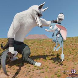 anthro arm_wrapping arm_wraps big_ear black_nose black_sclera blue_body blue_fur bottomwear clothed clothing dangling dangling_legs desert dual_wielding duo eye_contact facial_markings floppy_ears fluffy frown fur fuzzy grass grin head_markings holding_object holding_weapon long_ears looking_at_another male markings mask_(marking) nervous nude outback outside pants pink_nose plant red_eyes shirtless sickle size_difference smile standing tail text topless weapon whiskers white_body white_fur wrapped_arms wraps rasterraccoon rasterraccoon_(modeler) bilby_(dreamworks) dreamworks larrikins puss_in_boots_(franchise) death_(puss_in_boots) perry_(bilby) bandicoot bilby canid canine canis mammal marsupial wolf 3d_(artwork) absurd_res blender_(artwork) blender_cycles_(artwork) crossover digital_media_(artwork) english_text hi_res watermark