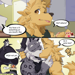 anthro clothing duo eyes_closed food hot_dog kissing male male/male shirt tank_top text topwear lumii i_think_i_like_you dev_(i_think_i_like_you) ray_(i_think_i_like_you) red_(i_think_i_like_you) bird_dog canid canine canis domestic_dog felid golden_retriever hunting_dog mammal pantherine retriever snow_leopard tiger 1:1 absurd_res english_text hi_res