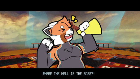 >_< anthro black_bars curly_hair eyes_closed fist fur fur_markings hair inner_ear_fluff male markings megaphone open_mouth overweight overweight_male side_view solo teeth text tuft bugisinx_(artist) ena:_dream_bbq ena_(series) avery_(bugisinx) ailurid mammal red_panda absurd_res english_text hi_res widescreen