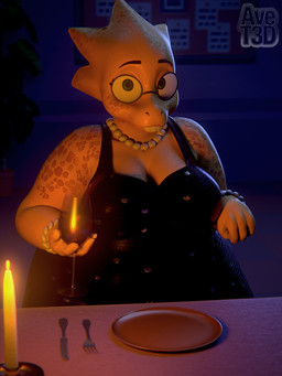 alcohol anthro arm_jewelry beverage blue_eyes breasts candle cleavage clothed clothing container cup cutlery diner dress drinking_glass eyewear female fork glass glass_container glass_cup glasses head_spikes jewelry kitchen_utensils knife mood_lighting necklace pegboard plate restaurant scales slightly_chubby solo spikes spikes_(anatomy) tools wearing_glasses wine wine_glass yellow_body avet3d twilightv0ids_(modeler) undertale_(series) alphys blender_(artwork) digital_media_(artwork) hi_res