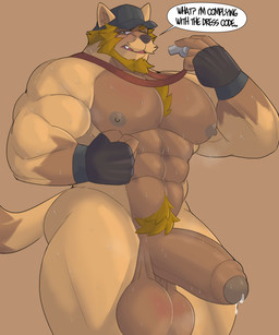 abs annoyed anthro aroused aroused_male athlete balls barazoku beard belly belly_hair biceps big_balls big_muscles big_pecs big_penis black_clothing black_fingerless_gloves black_gloves black_handwear black_hat black_headwear blonde_beard blonde_chest_hair blonde_facial_hair blonde_hair blonde_pubes blonde_sideburns bodily_fluids body_hair brown_background brown_body brown_facial_hair brown_fur brown_mustache butt chest_hair clothing coach dialogue dripping erection facial_hair fingerless_gloves fist fur genital_fluids genitals gloves hair handwear happy_trail hat headgear headwear huge_pecs jewelry jock leaking_precum looking_at_viewer looking_down looking_down_at_viewer male manly mature_anthro mature_male mostly_nude mostly_nude_anthro muscular muscular_anthro muscular_arms muscular_male muscular_thighs musk mustache necklace nipples pecs penis precum precum_drip precum_from_penis presenting presenting_balls presenting_body presenting_pecs presenting_penis pubes showing_off_muscles sideburns simple_background solo speech_bubble standing sweat sweatdrop sweaty_arms sweaty_belly sweaty_butt sweaty_chest sweaty_legs sweaty_neck tail text thick_arms thick_thighs tough_guy whistle_(object) whistle_around_neck yellow_body yellow_fur castrodour canid canine canis mammal wolf 5:6 absurd_res english_text hi_res