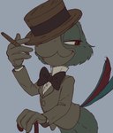 anthro bottomless bow_tie cigar clothed clothing feathers gloves green_body green_feathers half-closed_eyes handwear hat headgear headwear male narrowed_eyes red_eyes smile smirk solo suit tail tail_feathers top_hat walking_cane baytaboo disney the_three_caballeros jose_carioca avian bird parrot