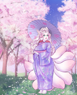 accessory anthro asian_clothing big_breasts biped blue_eyes blush breasts clothed clothing east_asian_clothing fangs female female_anthro flower flower_in_hair fur hair hair_accessory japanese_clothing kimono long_hair multi_tail parasol plant solo tail teeth text white_body white_fur white_hair white_tail wide_hips tiggybloom canid canine fox mammal 2026 artist_name hi_res