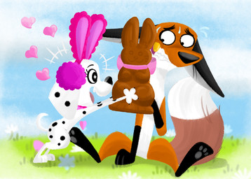 black_ears black_nose black_paws bodily_fluids brown_body brown_fur candy chocolate chocolate_bunny collar collar_tag countershade_tail countershading dessert duo fake_ears fake_rabbit_ears female feral food fur gold_(metal) gold_tooth grey_pawpads heart_collar_tag holidays leg_markings male markings nervous nervous_sweat pawpads pink_collar pink_ribbon socks_(marking) spots spotted_body spotted_fur sweat tail toony white_body white_chest white_fur danukistudio 101_dalmatian_street 101_dalmatians disney easter destiny_(101_dalmatians) fergus_(101_dalmatians) triple_d_(101_dalmatians) canid canine canis dalmatian domestic_dog fox mammal red_fox true_fox hi_res