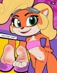 4_toes anthro barefoot blonde_hair eyewear eyewear_on_head feet female foot_fetish foot_focus fur goggles goggles_on_head green_eyes hair nipple_outline orange_body orange_fur soles solo toes wrinkled_feet wrinkles dummycervine activision crash_bandicoot_(series) coco_bandicoot bandicoot mammal marsupial hi_res