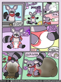 ageplay bottle clothed clothing container diaper feces force_feeding forced male mitten_hands roleplay soiled_diaper text unclean_diaper used_diaper wearing_diaper yourfur indigo_park rambley_raccoon mammal procyonid raccoon comic english_text hi_res
