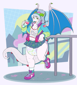 1990s_theme accessory ambiguous_gender anthro arm_support back_wings bendy_straw beverage big_diaper blue_wings bottomwear breasts claws clean_diaper cleavage clothed clothing colored_nails crop_top diaper drinking_straw fangs fingernails footwear geometric_background green_claws green_fingernails green_headband green_horn green_nails grey_hair grey_wings hair head_horn headband holding_beverage holding_object horn jacket leaning_on_elbow markings midriff multicolored_clothing multicolored_jacket multicolored_skirt multicolored_topwear nails navel open_mouth open_smile pink_hairband ponytail railing red_spikes scales shirt shoelaces shoelaces_untied shoes simple_background skirt slushie smile sneakers socks solo spiked_tail spikes spikes_(anatomy) star_(marking) tail teeth text_on_diaper tongue topwear two_tone_wings unzipped vaporwave wearing_diaper wetness_indicator white_body white_clothing white_footwear white_scales white_socks white_tail wing_claws wings yellow_tongue zipper bubblepuppers mythology beatriz_(dakotafloof) dragon mythological_creature mythological_scalie scalie hi_res