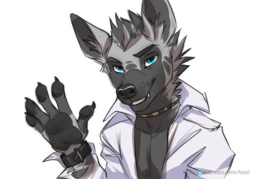 5_fingers anthro black_body black_fur black_pawpads blue_eyes clock clothed clothing collared_shirt dress_shirt facial_tuft fingers fur gesture humanoid_hands inner_ear_fluff jewelry looking_at_viewer male neck_tuft necklace open_clothing open_shirt open_topwear pawpads shirt simple_background smile snaggle_tooth solo topwear tuft watch waving waving_at_viewer white_background koul ace_(fredmeister) hyena mammal 2022 digital_media_(artwork)