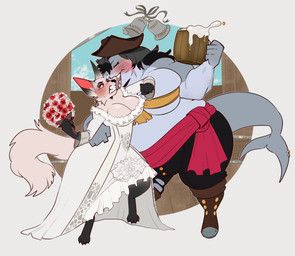alcohol angry anthro arm_around_waist bell beverage big_breasts black_hair blush bodily_fluids boots bouquet breasts bride cleavage clenched_teeth clothed clothing container cup digitigrade dress drunk duo fangs female female/female footwear forced fur furgonomic_piercing furgonomics gloves_(marking) hair hat headgear headwear larger_female leg_markings licking markings obese obese_female overweight overweight_female piercing ribbons scar sharp_teeth shoes size_difference smaller_female socks_(marking) substance_intoxication sweat tail tail_piercing teeth tongue tongue_out torn_clothing wedding wedding_dress white_body white_fur donitkitt magnolia_(prenard) nakhta aquatic canid canine fish fox mammal shark hi_res