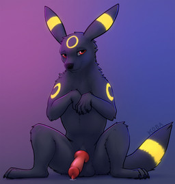 animal_genitalia animal_penis balls black_body black_fur canine_genitalia canine_penis erection feral fur genitals glowing glowing_markings gradient_background knot knotted_penis looking_at_viewer male markings penis simple_background sitting solo spread_legs spreading yellow_markings koba nintendo pokemon eeveelution generation_2_pokemon pokemon_(species) umbreon 2025 hi_res shaded