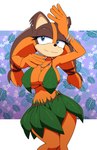 anthro big_breasts black_nose blue_eyes bottomwear bracelet breasts cleavage clothed clothing female floral_background fur jewelry leaf_clothing multicolored_body multicolored_fur necklace orange_body orange_fur skirt small_waist solo two_tone_body two_tone_fur kojiro-brushard sega sonic_boom sonic_the_hedgehog_(series) sticks_the_jungle_badger badger mammal mustelid musteline 2021 hi_res