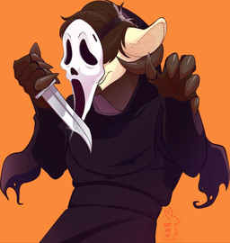 anthro brown_body brown_fur brown_hair clothing costume covered_eyes fur hair holidays knife male orange_background simple_background smile solo tan_body tan_fur bunnyjaneartist halloween scream_(films) jasper_the_ram bovid caprine mammal sheep hi_res tagme