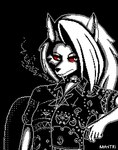 anthro cigarette collar ear_piercing female fur piercing red_eyes smoke smoking smoking_cigarette solo white_body white_fur mastri helluva_boss mythology loona_(helluva_boss) canid canid_demon canine demon hellhound mammal mythological_canine mythological_creature digital_media_(artwork) pixel_(artwork)