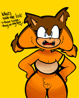 anthro biped bottomless clothed clothing female female_anthro front_view genitals hands_on_hips no_underwear pubes sharp_teeth solo standing teeth topwear tube_top vulva heyomaerow sega sonic_boom sonic_the_hedgehog_(series) sticks_the_jungle_badger badger mammal mustelid musteline 4:5 absurd_res hi_res