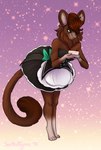 2018 abstract_background anthro barefoot blue_eyes brown_body brown_fur brown_hair cake chinchilla chinchillid cinnamon_(vipermenae) clothing dated dessert eyelashes feet female food fur glistening glistening_eyes hair hi_res holding_plate maid_uniform mammal rodent short_hair signature solo standing tiggybloom uniform