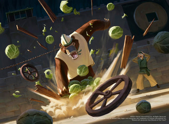 angry anthro beak bottomwear brown_body brown_fur cabbage claws clothing destruction duo food fur hat headgear headwear male pants pawpads plant sharp_teeth shirt shocked surprised teeth topwear vegetable wall_(structure) wheel white_clothing white_shirt white_topwear mael_oh avatar:_the_last_airbender hasbro magic:_the_gathering nickelodeon wizards_of_the_coast cabbage_merchant bear human hybrid mammal monotreme platypus hi_res official_art