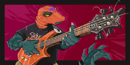 anthro black_clothing black_shirt black_topwear clothing electric_guitar guitar holding_guitar holding_musical_instrument holding_object male mask musical_instrument nails plucked_string_instrument shirt solo string_instrument tail text text_on_clothing topwear wearing_mask visceragator alligator alligatorid crocodilian reptile scalie 2:1 hi_res