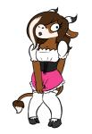 anthro brown_body brown_fur clothed clothing corset dress embarrassed female fur hair hooves horn legwear lingerie long_hair simple_background solo stockings topwear white_background rusheloc harley_(moo) bovid bovine mammal