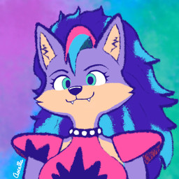 abstract_background anthro blue_body blue_eyes blue_fur blue_hair cosplay countershading fangs female fur hair multicolored_body multicolored_fur multicolored_hair pink_hair purple_body purple_fur shoulder_pads solo tan_body tan_countershading tan_fur teeth ascella_(artist) five_nights_at_freddy's five_nights_at_freddy's:_security_breach scottgames steel_wool_studios ascella canid canine canis mammal wolf 1:1 hi_res signature
