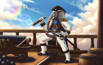 anthro balls barrel belt boat boots cannon cannonball clothing cloud cloudy_sky cravat erection eyewear footwear formal_wear genitals glasses gloves hand_on_hip handwear hat headgear headwear humanoid_genitalia humanoid_penis jacket lens_flare looking_at_viewer male mature_male melee_weapon penis penis_poking_out penis_through_fly proboscis_(anatomy) ranged_weapon shoes shoulder_pads sky solo standing step_pose sword telescope topwear trunk_(anatomy) tusks vehicle vest watercraft weapon wearing_glasses guerillasquirrel hysterium elephant elephantid mammal proboscidean 2015