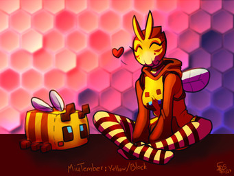 anthro choker clothed clothing detailed_background eyes_closed female footwear heart_symbol honeycomb hoodie insect_wings jewelry legwear miutember necklace pattern_clothing pattern_footwear pattern_legwear pattern_socks plushie sitting socks solo striped_clothing striped_footwear striped_socks stripes thigh_highs thigh_socks topwear wings starsickstudios starstud microsoft minecraft mojang xbox_game_studios miu_(beauty_snake) aquatic arthropod bee bee_(minecraft) cephalopod coleoid cuttlefish cuttlefish_humanoid decapodiform humanoid hymenopteran insect mollusk 2023 4:3 dated hi_res signature