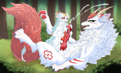 balls blush bodily_fluids cum duo erection feral forest fur genital_fluids genitals horn larger_male male male/male masturbation nude paws penis plant size_difference tail tongue tree white_body white_fur mirapony fabulous_beasts fenz_(studio) mythology bixie_(fabulous_beasts) sibuxiang_the_kirin_(fabulous_beasts) dragon kirin mammal mythological_creature mythological_scalie pixiu scalie absurd_res digital_media_(artwork) hi_res
