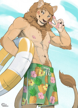 abs anthro athletic athletic_anthro athletic_male claws clothed clothing cloud facial_markings finger_claws fingerpads food_print fruit_print fur gesture hand_gesture head_markings holding_swim_ring logo low-angle_view male mane markings nipples orange_eyes outside pattern_clothing pattern_swimwear pawpads plant_print pointy_ears prick_ears pubes sky solo standing swim_ring swimming_trunks swimwear tail tail_tuft tan_body tan_fur topless topless_anthro topless_male tuft v_sign spiritinchoco felid lion mammal pantherine 2026 artist_logo digital_media_(artwork) hi_res portrait three-quarter_portrait