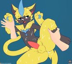 5_fingers anthro anus balls blush bodily_fluids cum cum_inside cum_on_body duo fingers genital_fluids genitals legs_up lying male open_mouth penis perineum pink_penis pinned tail text yellow_balls yellow_perineum senz nintendo pokemon generation_7_pokemon legendary_pokemon pokemon_(species) zeraora absurd_res hi_res url