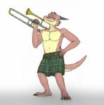 anthro barefoot belt biped bottomwear brass_instrument bulge claws clothed clothing detailed_bulge feet genital_outline holding_musical_instrument holding_object horn humanoid_hands kilt male musical_instrument navel pattern_clothing pecs penis_outline plaid plaid_clothing plantigrade pose scales simple_background smile smirk smug solo standing teeth toes topless trombone wind_instrument matydraws_(artist) dungeons_and_dragons hasbro wizards_of_the_coast artemis_lamphuth_(character) dragonborn_(dnd) scalie 2018 full-length_portrait hi_res pinup portrait