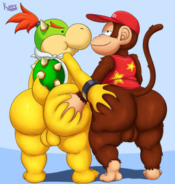 anthro balls baseball_cap big_butt butt butt_grab clothing deep_skin duo genitals hand_on_butt hat headgear headwear huge_butt looking_at_viewer male male/male shota text text_on_baseball_cap text_on_clothing text_on_hat text_on_headwear thick_thighs young kiffy_(artist) donkey_kong_(series) mario_bros nintendo bowser_jr. diddy_kong haplorhine koopa mammal monkey primate scalie absurd_res artist_name digital_media_(artwork) hi_res