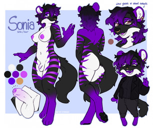 anthro balls bodily_fluids breasts clothing digitigrade dripping ear_piercing ear_stud eyewear facial_piercing female genital_fluids genitals glasses highlights_(coloring) jacket leaking_precum nose_piercing nose_ring pawpads penis piercing precum precum_drip purple_highlights purple_stripes ring_piercing solo stripes sweater topwear turtleneck kyrosh mammal hi_res model_sheet trans_(lore) trans_woman_(lore)