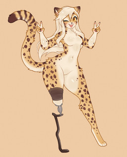 amputee anthro blonde_hair breasts chest_tuft digitigrade disability double_v_sign eyelashes featureless_breasts feet female fur gesture hair hand_gesture long_hair looking_at_viewer markings navel nude one_eye_closed open_mouth open_smile prosthetic prosthetic_leg prosthetic_limb small_breasts smile solo spots spotted_body spotted_fur tan_body tan_fur tuft v_sign wide_hips wink moonphase249 felid leopard mammal pantherine 2024 hi_res